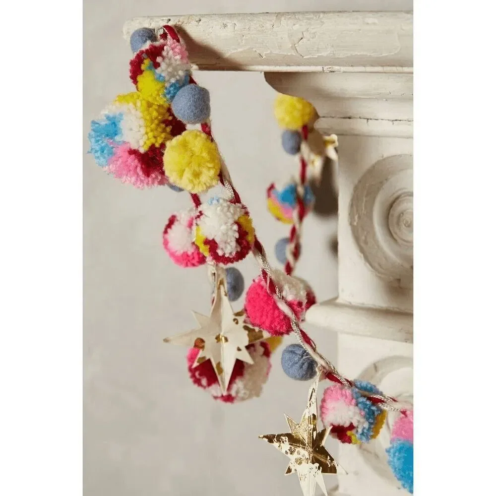 Anthropologie Wishing Star Garland Pom Pom Colorful Stars NEW
